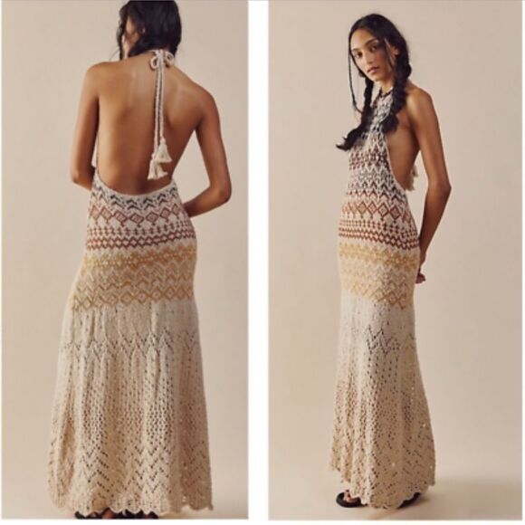 Free People Ikat Oasis Maxi Dress Halter Crochet 
Knit buckles size M NWT - Picture 1 of 12
